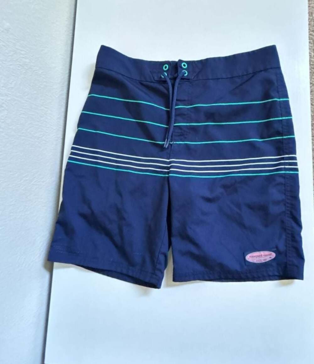 Vineyard Vines Boys Board Shorts Navy Blue with Green & White Stripes Large (16)
